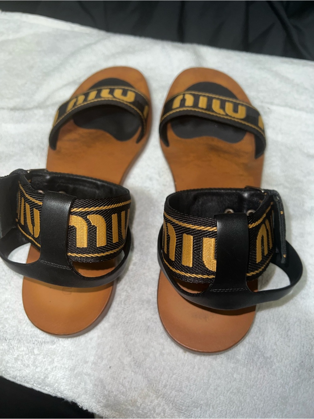Miu Miu Black and Gold Logo Strap Tan Leather Sandals - Picture 5 of 7
